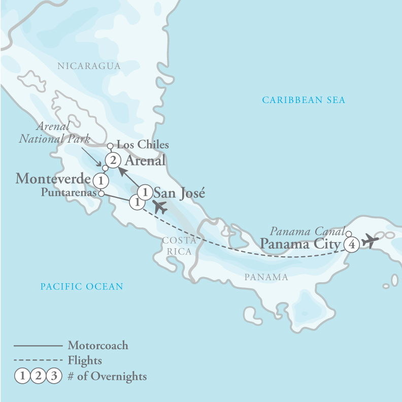 Tour Map for Costa Rica & Panama Canal Adventure