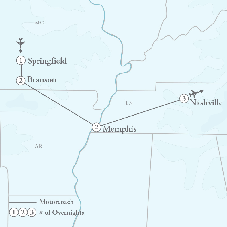 Tour Map for Melodies of Branson, Nashville & Memphis