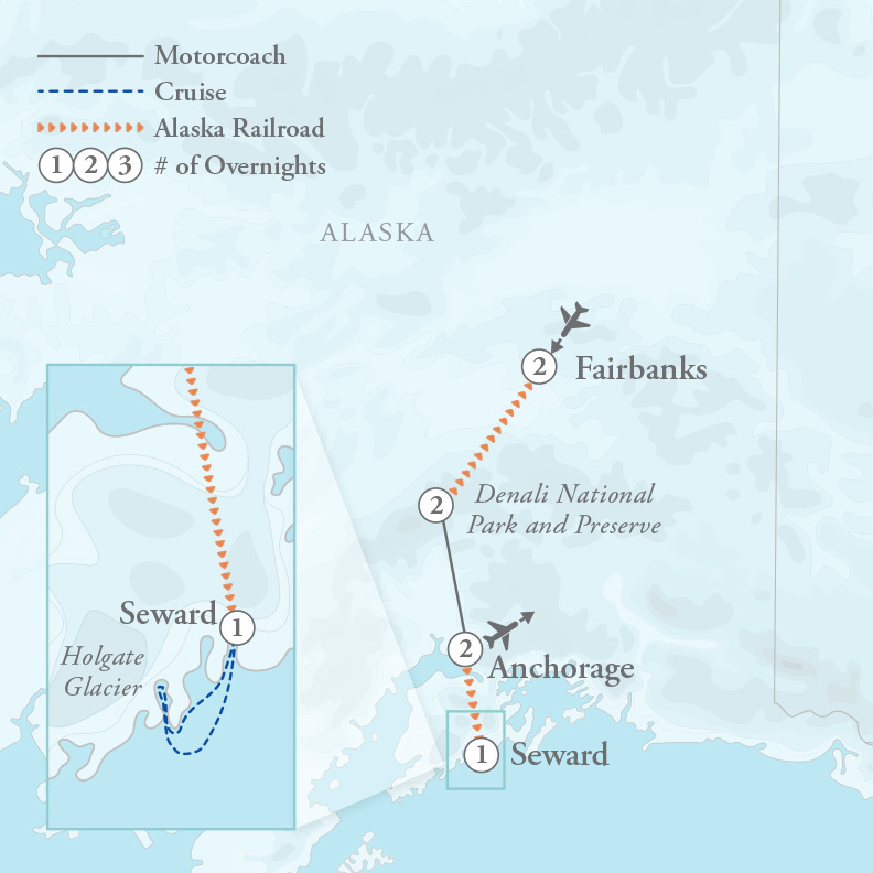 Tour Map for Alaska Trains & Kenai Fjords