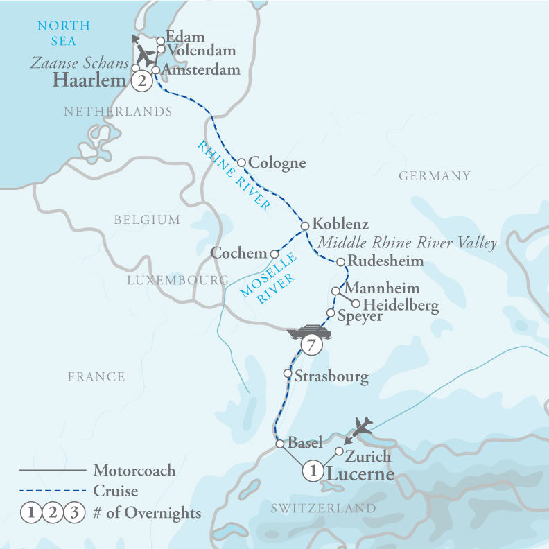 Tour Map for Rhine River Cruise - Switzerland to Amsterdam