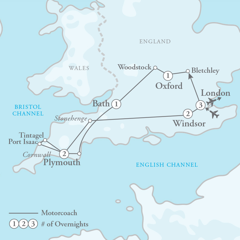 Tour Map for England & Cornwall, Towne & Country