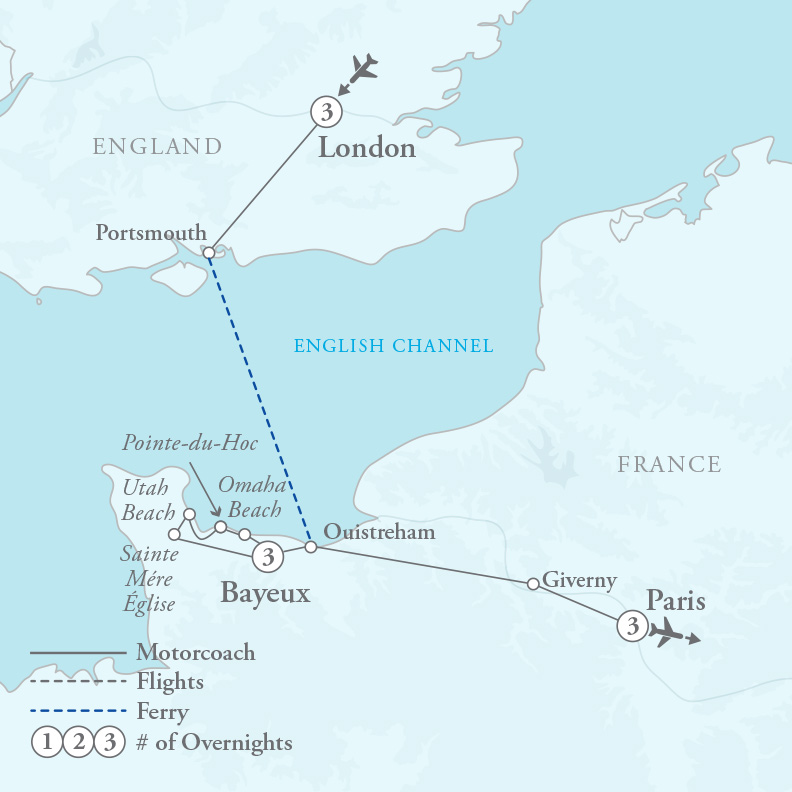 Tour Map for Normandy, London & Paris