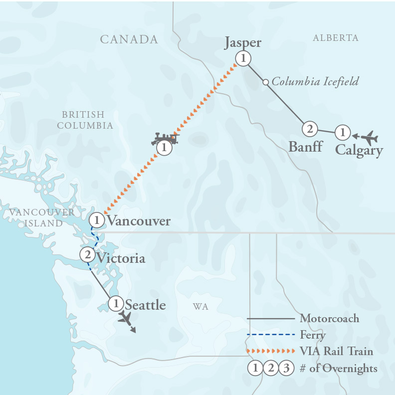 Tour Map for Canadian Rockies, Vancouver & Victoria