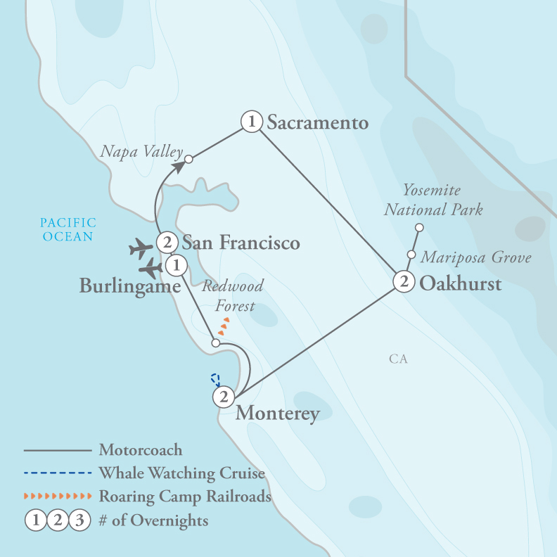 Tour Map for Yosemite & Coastal California
