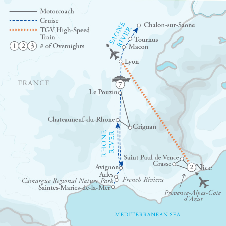 Tour Map for Timeless France with Burgundy & Provence River Cruise