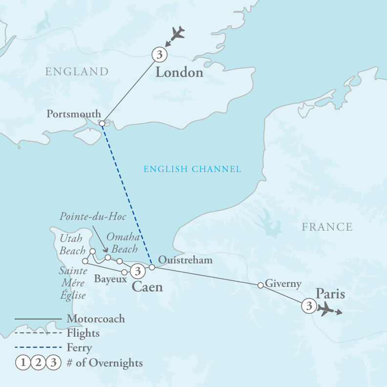 Tour Map for Normandy, London & Paris