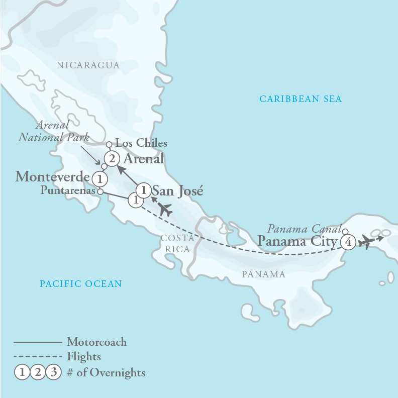 Tour Map for Costa Rica & Panama Canal with Agricultural Highlights