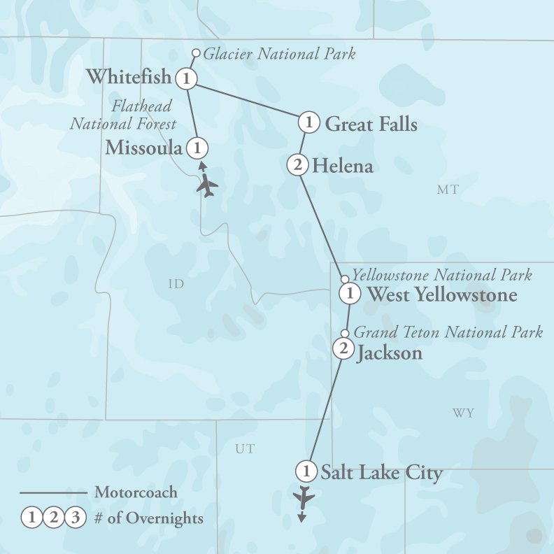 Tour Map for Glacier, Yellowstone & Grand Tetons with Agricultural Highlights