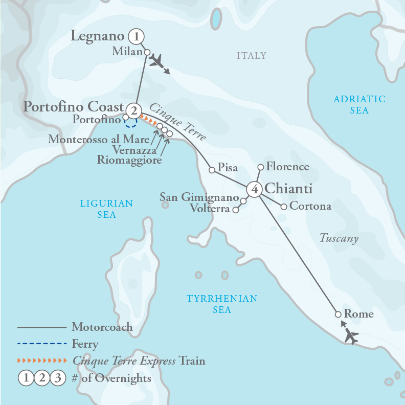 Tour Map for Tuscany & the Italian Riviera