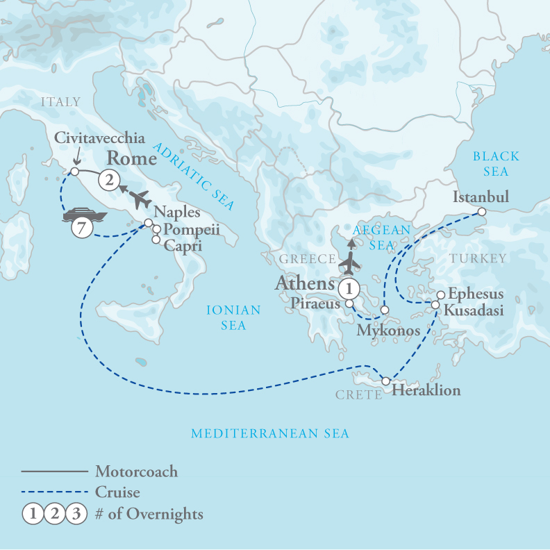 Tour Map for Aegean Sea Cruise featuring Rome & Athens with Princess Cruises