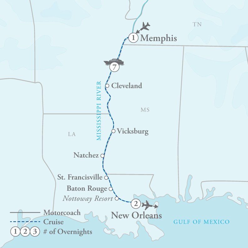Tour Map for Creole Christmas - Mississippi River Cruise