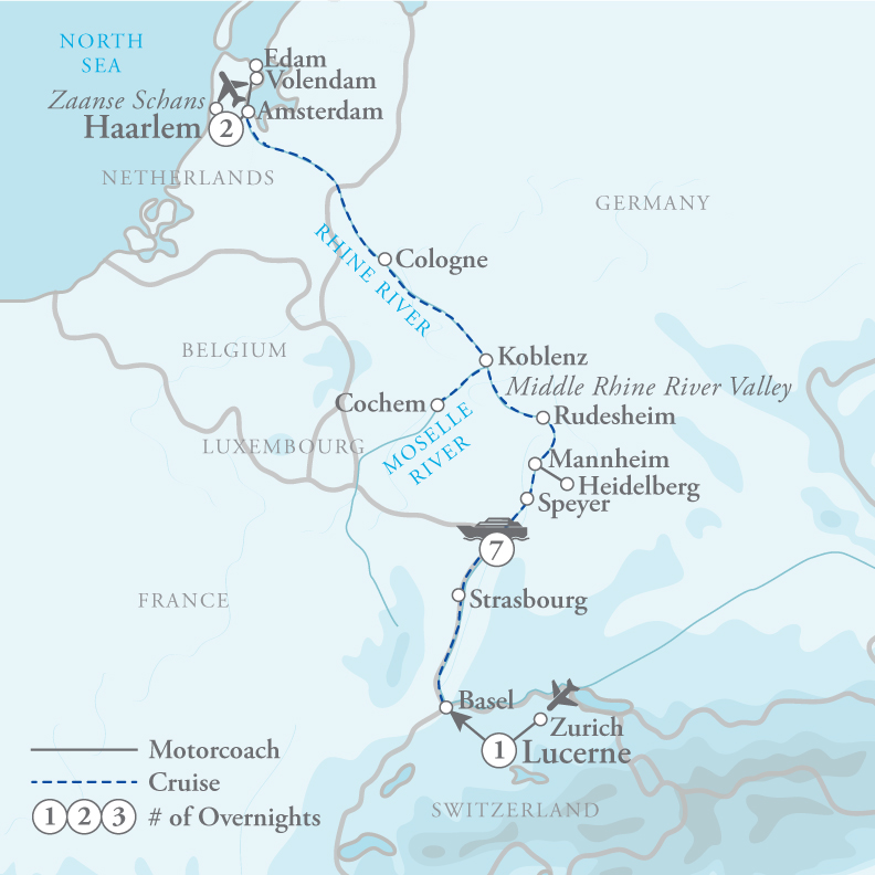 Tour Map for Rhine River Cruise - Basel to Amsterdam
