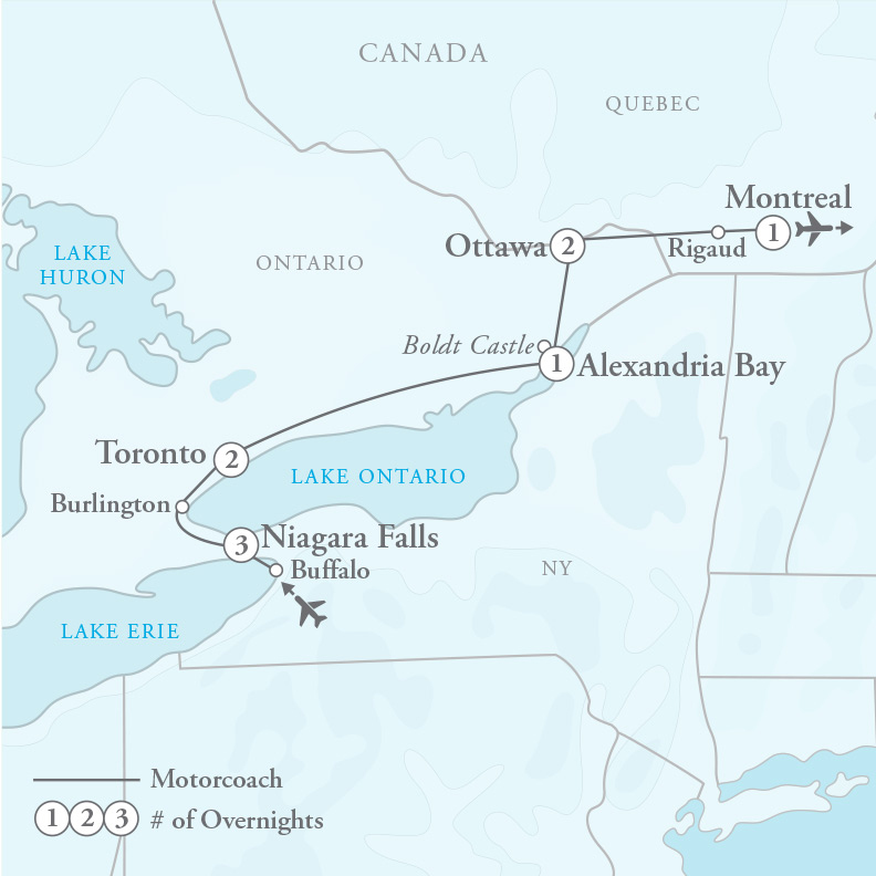 Tour Map for Canadian Cascades: Niagara Falls to Montreal