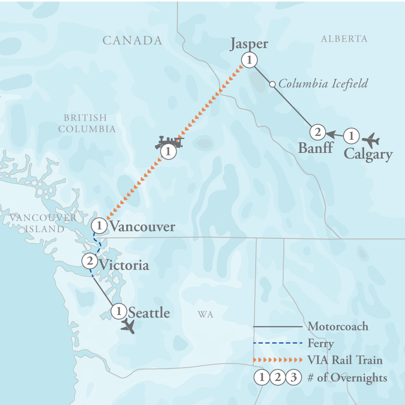 Tour Map for Canadian Rockies, Vancouver & Victoria